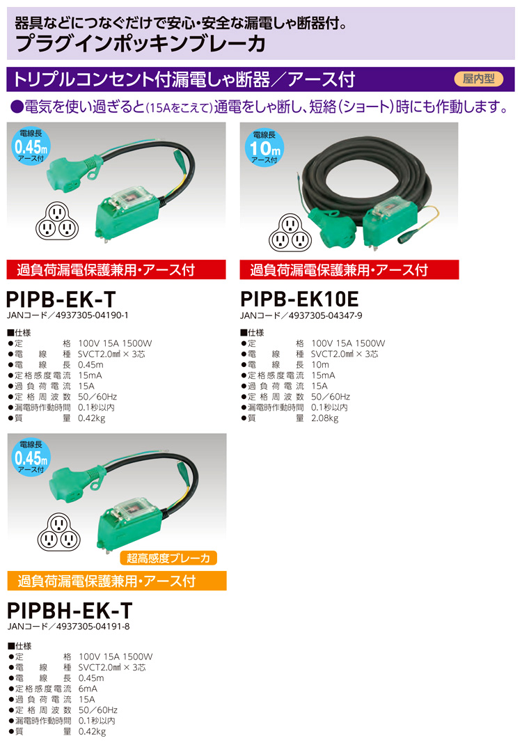 SALE／82%OFF】 日動工業 漏電遮断器 超高感度ブレーカ アース付 過負荷 漏電保護兼用 屋内型 PIPBH-EK-T 