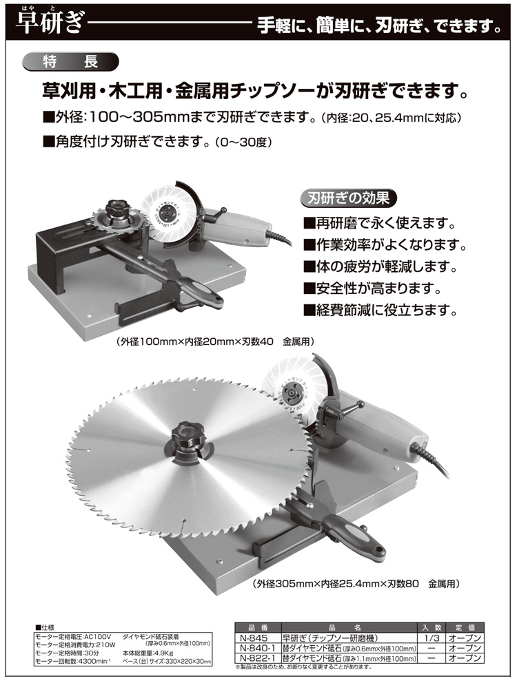ニシガキ工業 チップソー研磨機『早研ぎ』 N-845 / 研磨機 / 電動 工具 