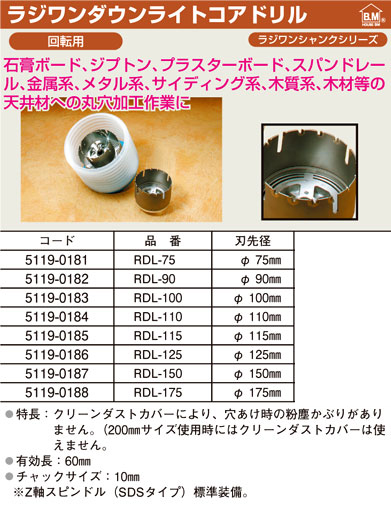 ハウスビーエム ラジワンダウンライトコアドリル RDL-175