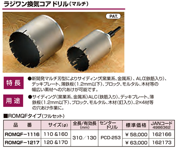 【やヘアーカ】 ハウスBM ラジワン換気コアドリル ROMQF-1217：ビッグゲート カバーや