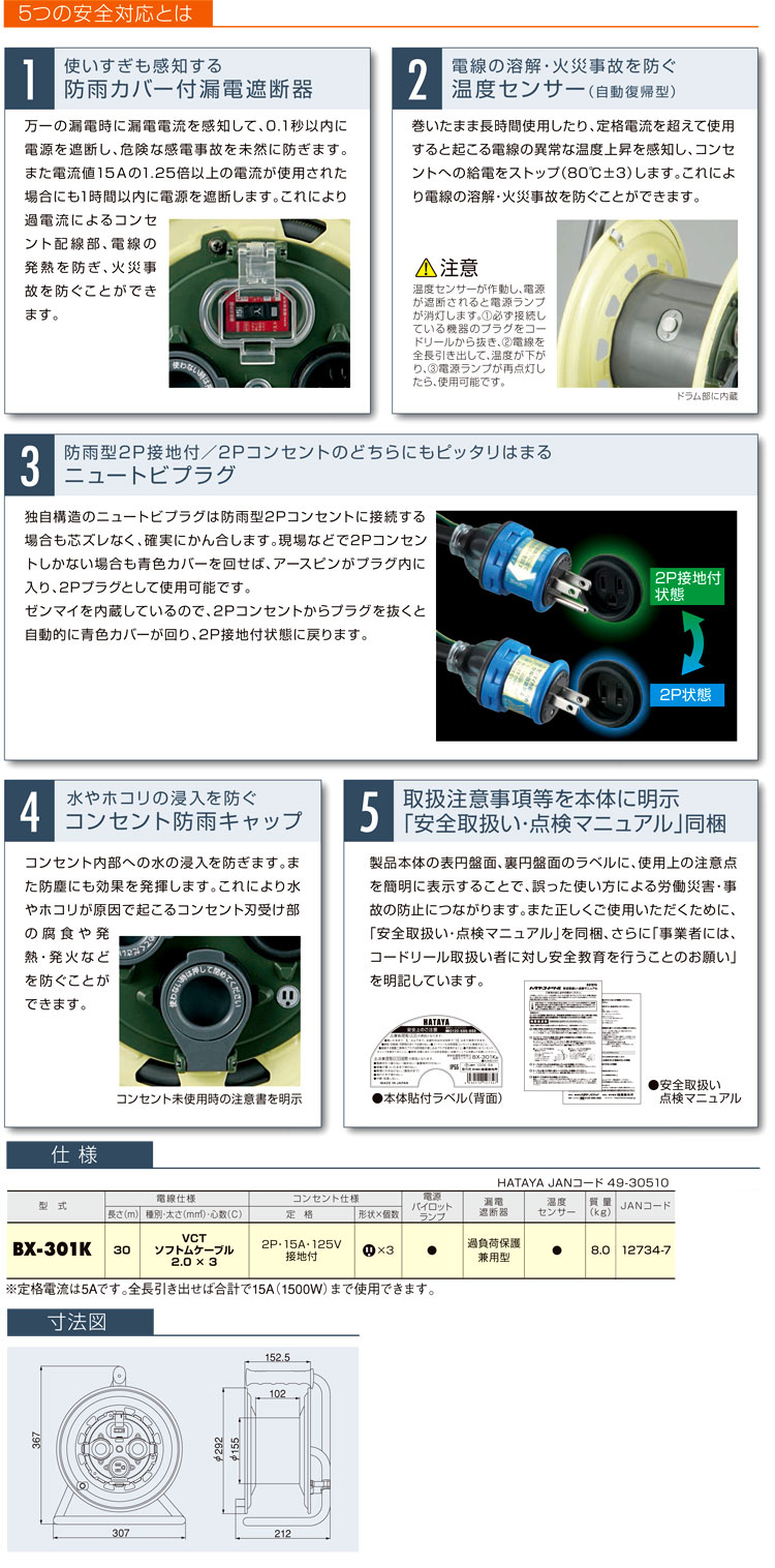 漏電過負荷遮断器付防雨サンタイガーレインボーリール30mアース付