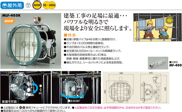 92％以上節約 ハタヤリミテッド 400W型メタルハライド ライト 足場取り付け型 MLF-410K