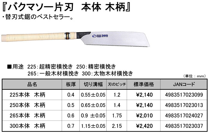 バクマソー替刃式鋸片刃　本体木柄