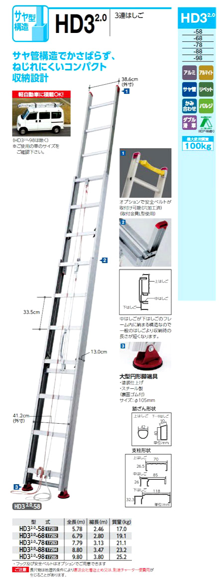 長谷川工業 【別途運賃】3連はしごHD3(サヤ管構造) HD3 2.0-98 / 梯子