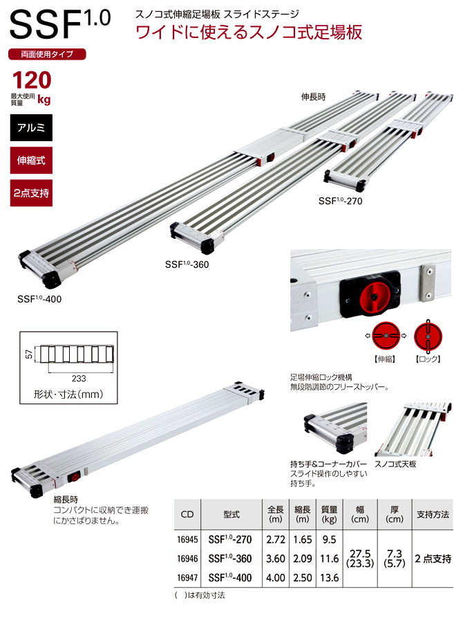 長谷川工業 スノコ式伸縮足場板SSF「スライドステージ」 SSF1.0-270 / 足場板 / 現場機材 荷役 ハシゴ | 電動工具の道具道楽