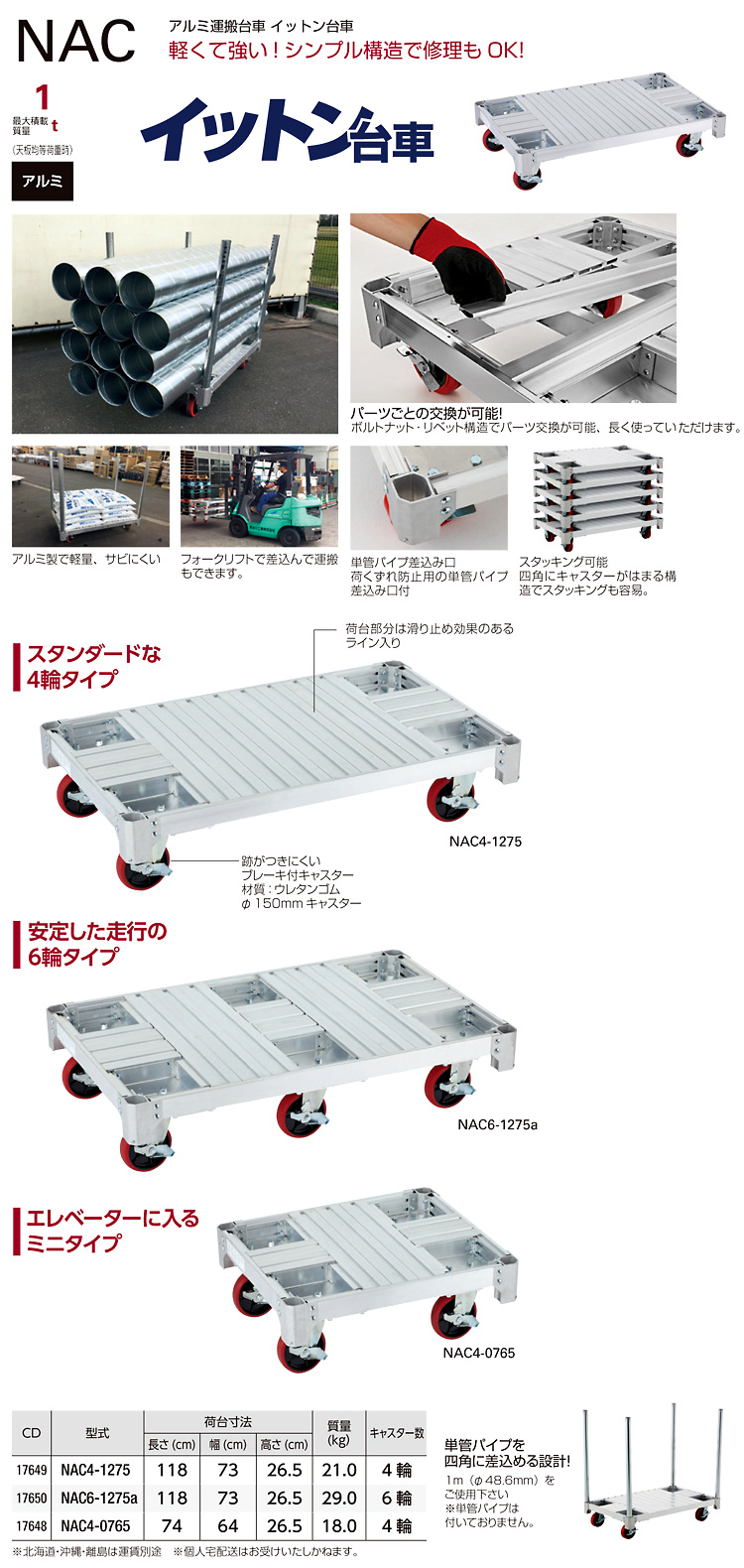 NTK アルミ運搬台車 イットン台車質量295kg - その他