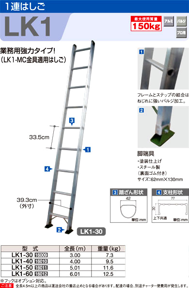 長谷川工業 1連はしごLK1(業務用150kg対応) LK1-40 / 梯子 / 現場機材 
