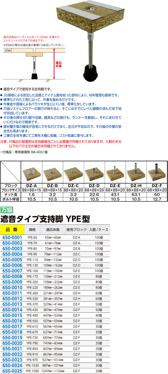 万協 遮音タイプ支持脚YPE型 YPE-910 / 床束 / 建築金物 基礎金物 | 電動工具の道具道楽