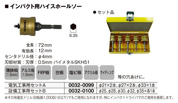 ハイコーキ インパクト用ハイスホールソーセット 0032-0099 / 鉄工用