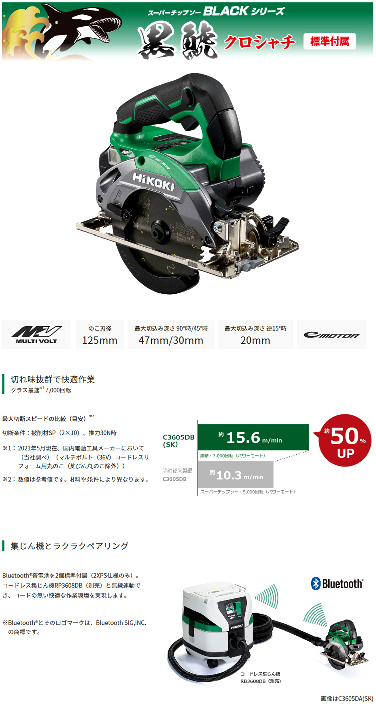 23965円 【即出荷】 ハイコーキ HiKOKI 36V-2.5Ah 125ｍｍコードレス丸のこ C3605DA SK 2XPS 本体色 緑