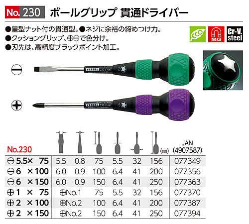 ベッセル ボールグリップ貫通ドライバー No 230 ドライバー 作業工具 電動工具の道具道楽