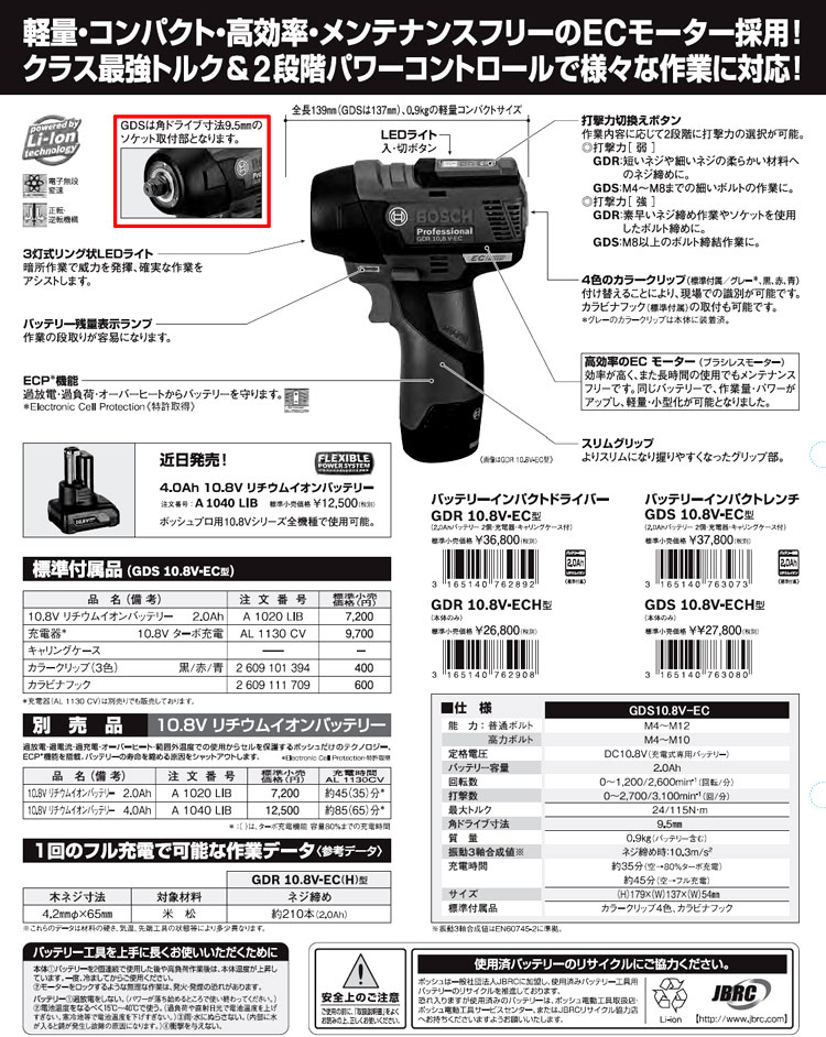 10.8V【2.0Ah電池】バッテリーインパクトレンチセット(差込角9.5mm)