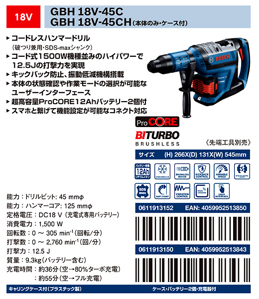 18V【12.0Ah電池付】45mmコードレスハンマードリルSDS-max