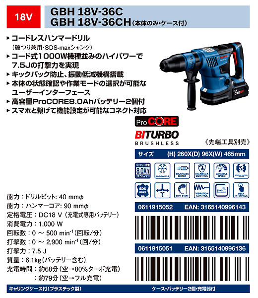 18V【8.0Ah電池付】40mmコードレスハンマードリルSDS-max