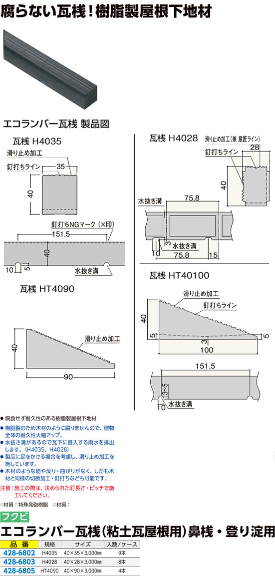 エコランバー瓦桟（粘土瓦屋根用）鼻桟・登り淀用