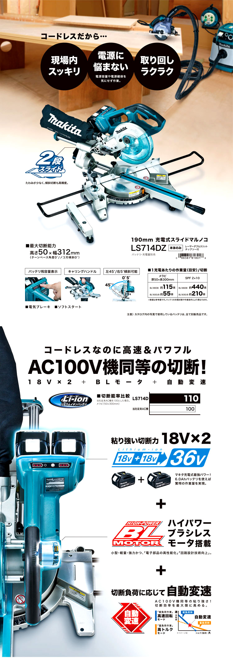 18V+18V(36V)190mm充電式スライドマルノコ【本体のみ】