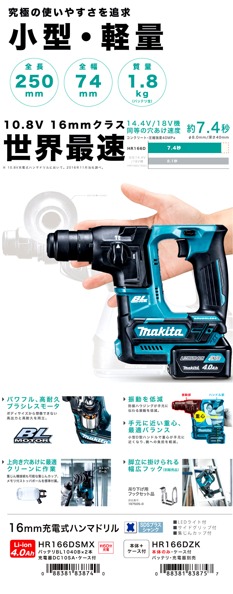 10.8V【4.0Ah電池付】16mm充電式ハンマドリル