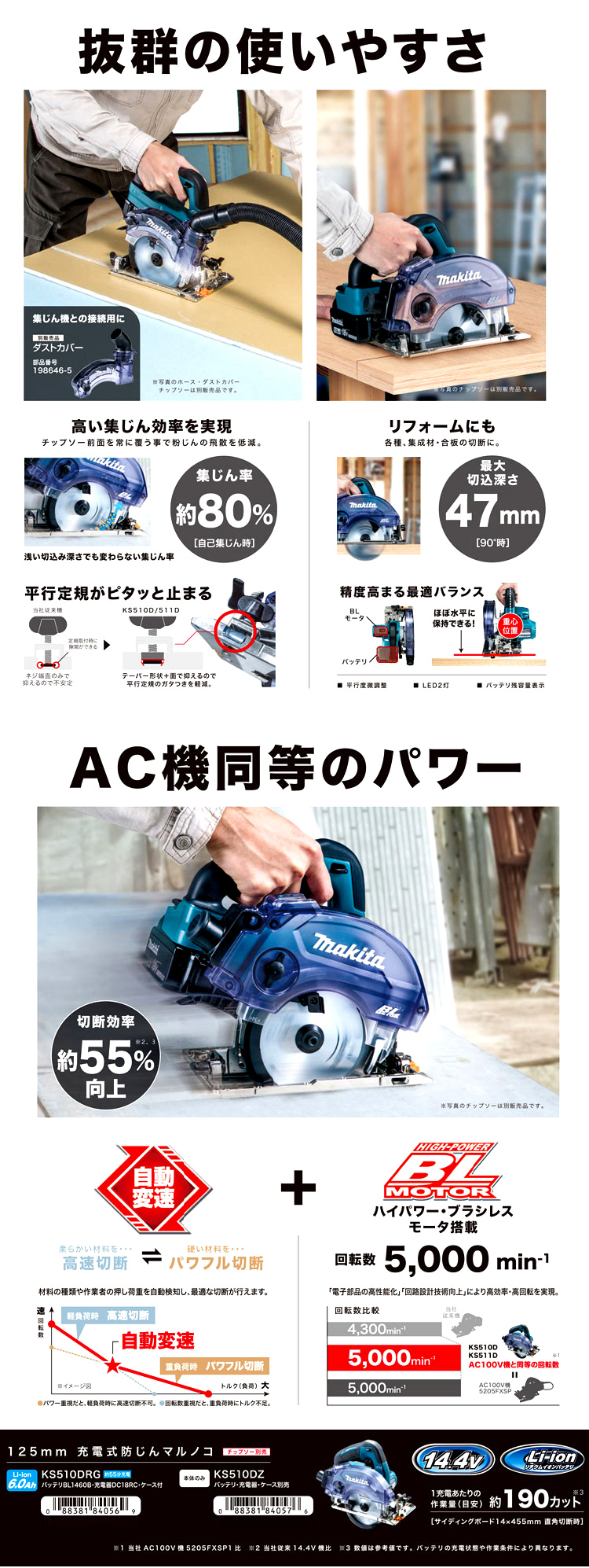 125mm14.4V【6.0Ah電池付】充電式防じんマルノコ