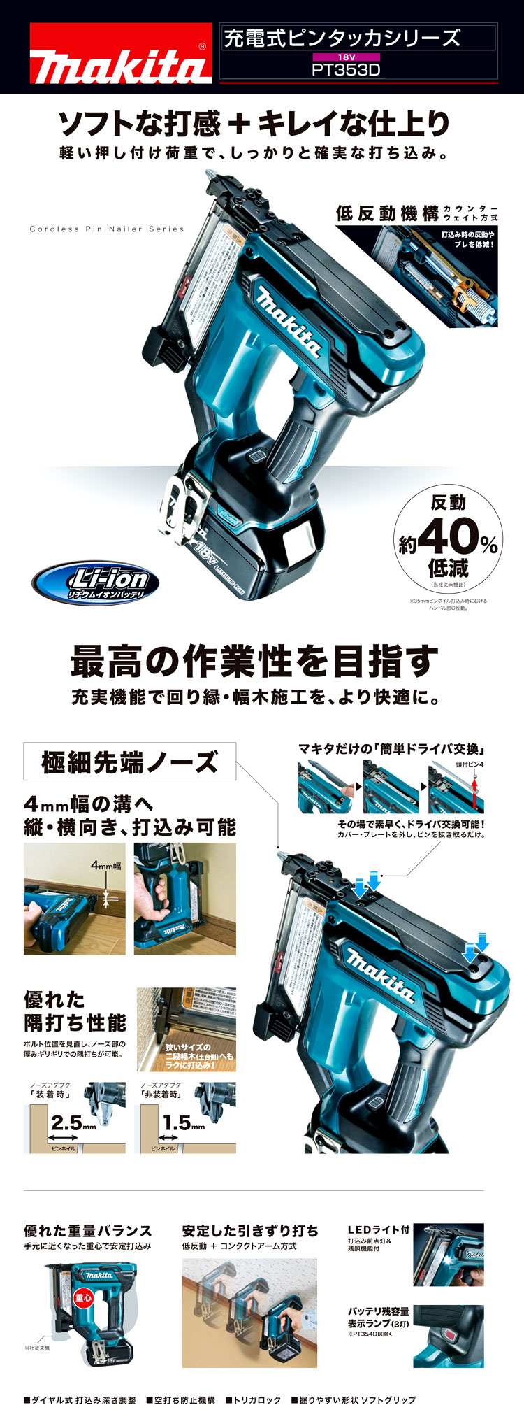 18V【6.0Ah電池付】充電式ピンタッカ