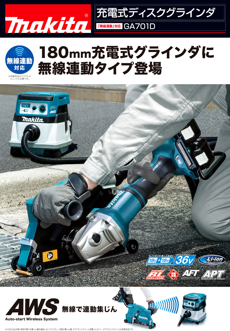 180mm18V+18V(36V)【6.0Ah電池付】充電式ディスクグラインダ(無線連動)