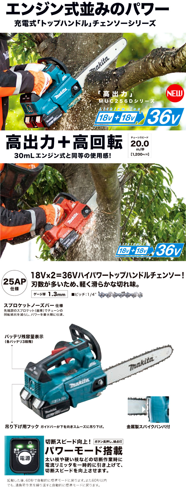 250mm【18V+18V】【6.0Ah電池付】充電式チェンソー