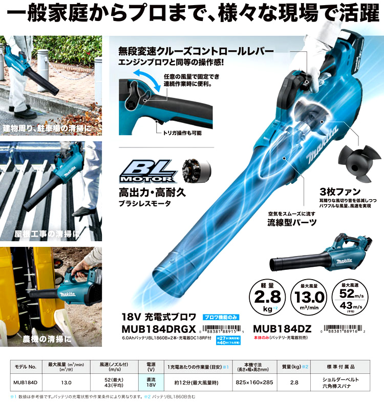 マキタ 18V【6.0Ah電池付】充電式ブロワ MUB184DRGX / ブロワ / 充電