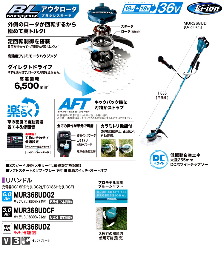 国内外の人気！ プラウ オンラインストアマキタ 充電式草刈機 MUR368LDG2 ループハンドル 6.0AhバッテリBL1860Bx2  2口急速充電器DC18RD