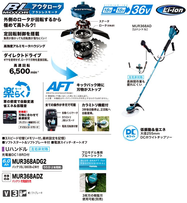 マキタ 18V+18V(36V)【6.0Ah電池付】255mm充電式草刈機(先端モータ+Ｕ