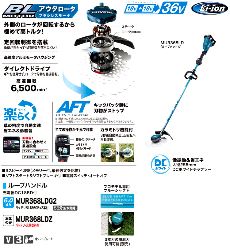 18V+18V(36V)【6.0Ah電池付】255mm充電式草刈機(先端モータ+ループハンドル)