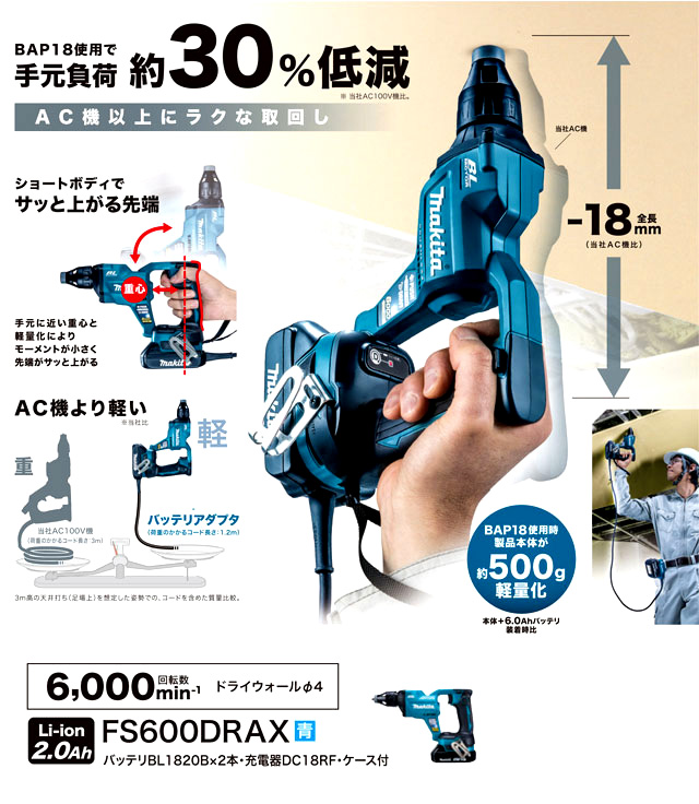 18V【2.0Ah電池付】充電式スクリュードライバー（6000回転）