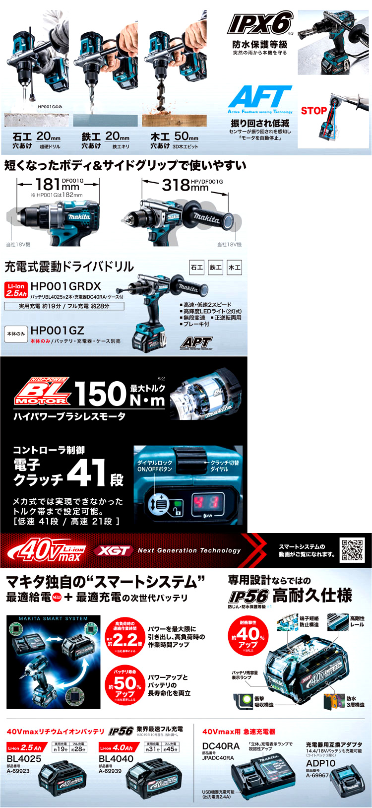 マキタ 36V【2.5Ah電池付】40Vmax震動ドライバードリル HP001GRDX ...