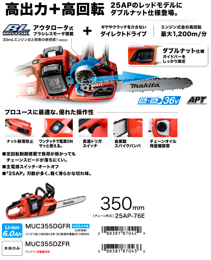 350mm【18V+18V】【6.0Ah電池付】充電式チェンソー