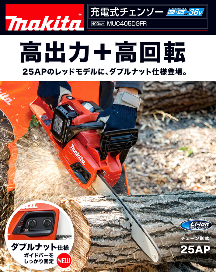 400mm【18V+18V】【6.0Ah電池付】充電式チェンソー