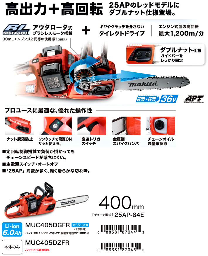 400mm【18V+18V】【6.0Ah電池付】充電式チェンソー
