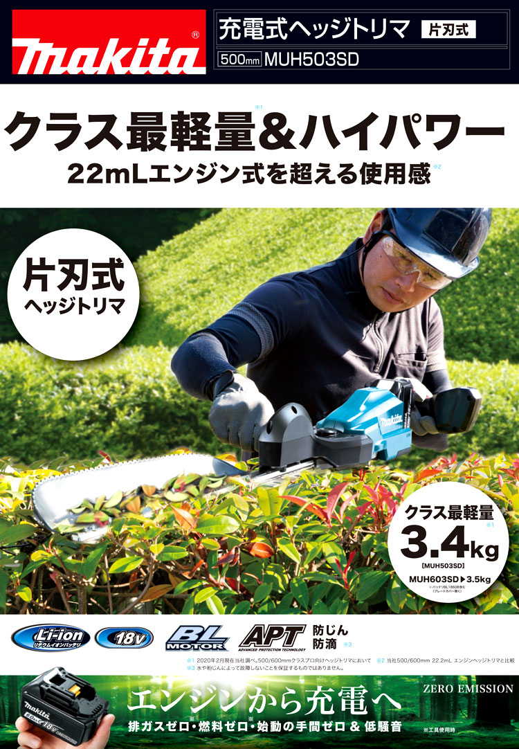18V【6.0Ah電池付】片刃偏角3面研磨500mm充電式ヘッジトリマ