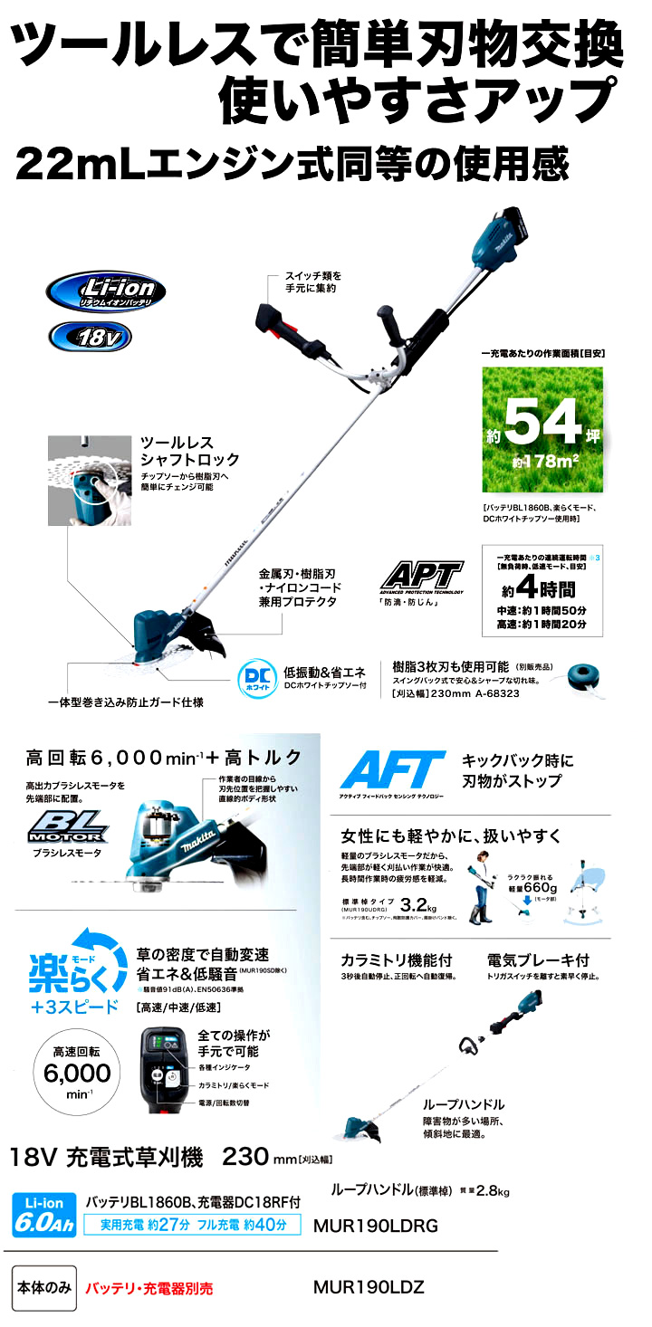 18V【6.0Ah電池付】230mm充電式草刈機(先端モータ+ループハンドル)