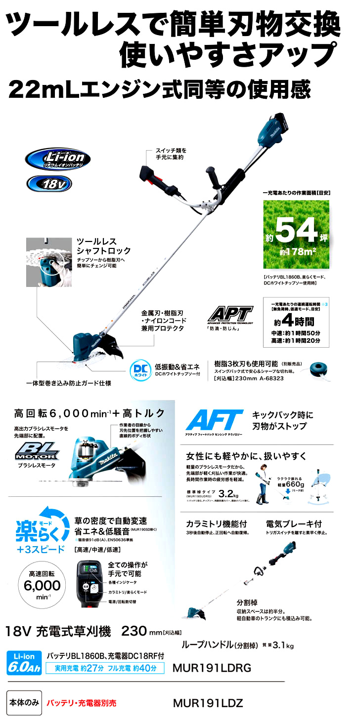 最大91%OFFクーポン マキタ 18V充電式草刈機 標準棹 Uハンドル 刈込幅230ｍｍ MUR190UDRG リチウムイオン電池6.0Ah バッテリBL1860B×1本  充電器DC18RF付