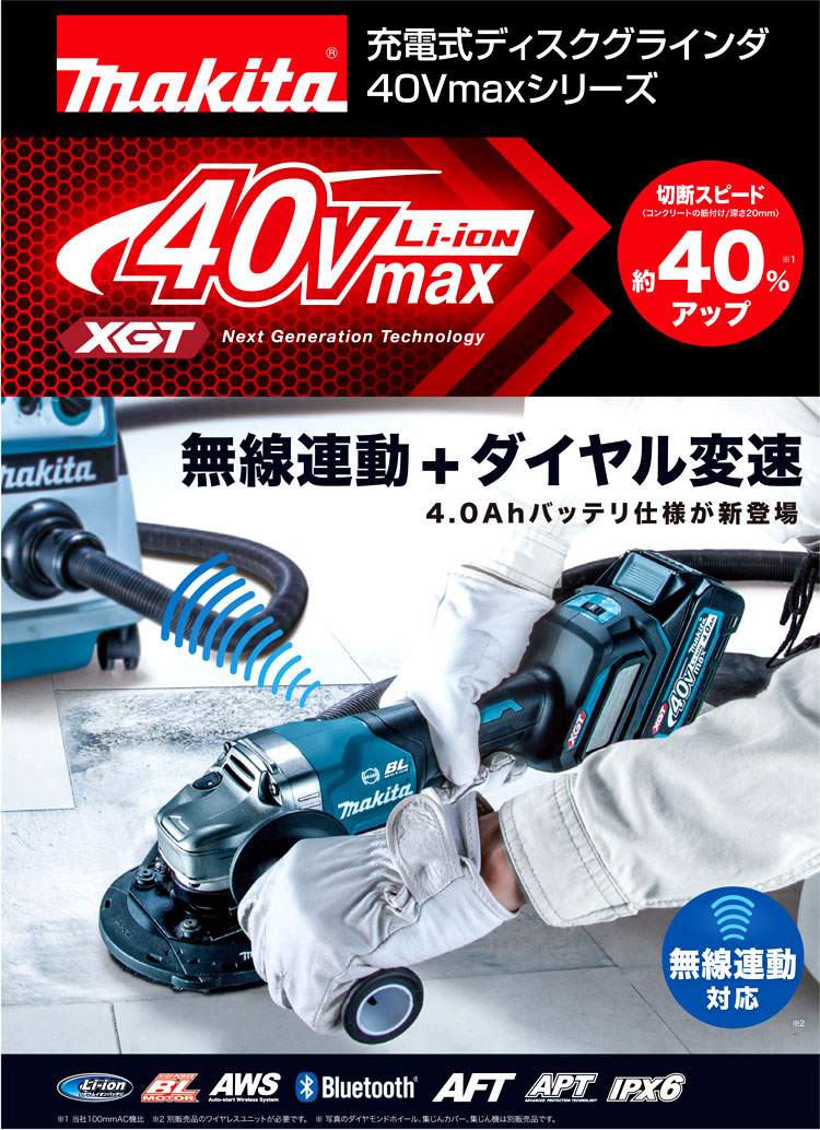 125mm36V【4.0Ah電池付】40Vmaxディスクグラインダー(無線連動+変速)