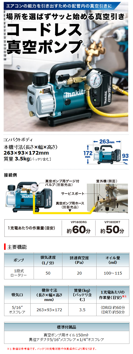 18V【6.0Ah電池付】充電式真空ポンプ
