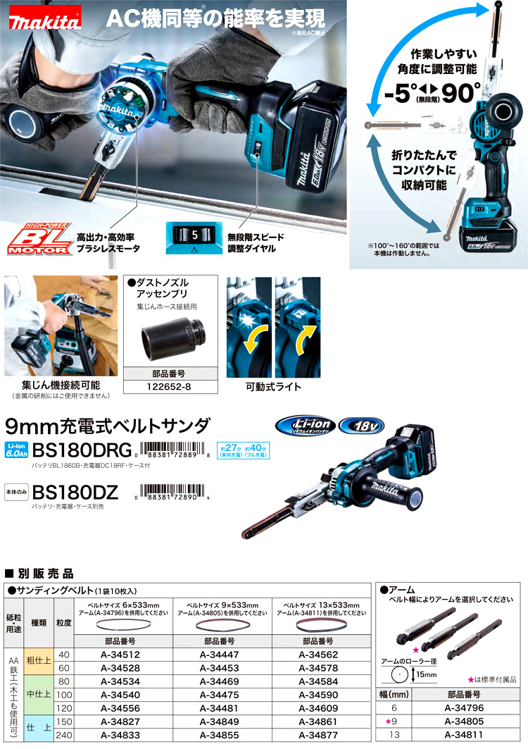 18V【6.0Ah電池付】9mm充電式ベルトサンダ