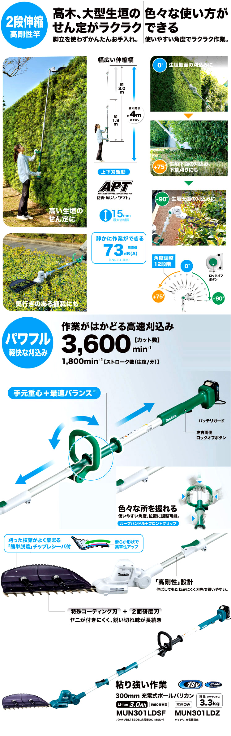 マキタ 18V【3.0Ah電池付】充電式ポールバリカン MUN301LDSF / ヘッジトリマ・バリカン / 充電 工具 | 電動工具の道具道楽