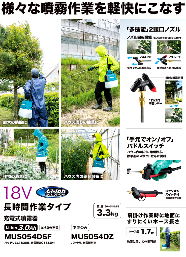 マキタ makita 散布機 10.8V 充電式噴霧器 5L 本体のみ MUS053DZ バッテリー・充電器別売り 噴霧器 電動 散布器 肩掛け式 - 11