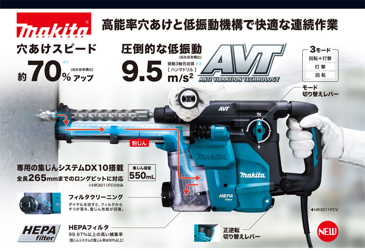 適当な価格 マキタ Makita 30ｍｍハンマドリル集塵システム付 HR3011FCV 青