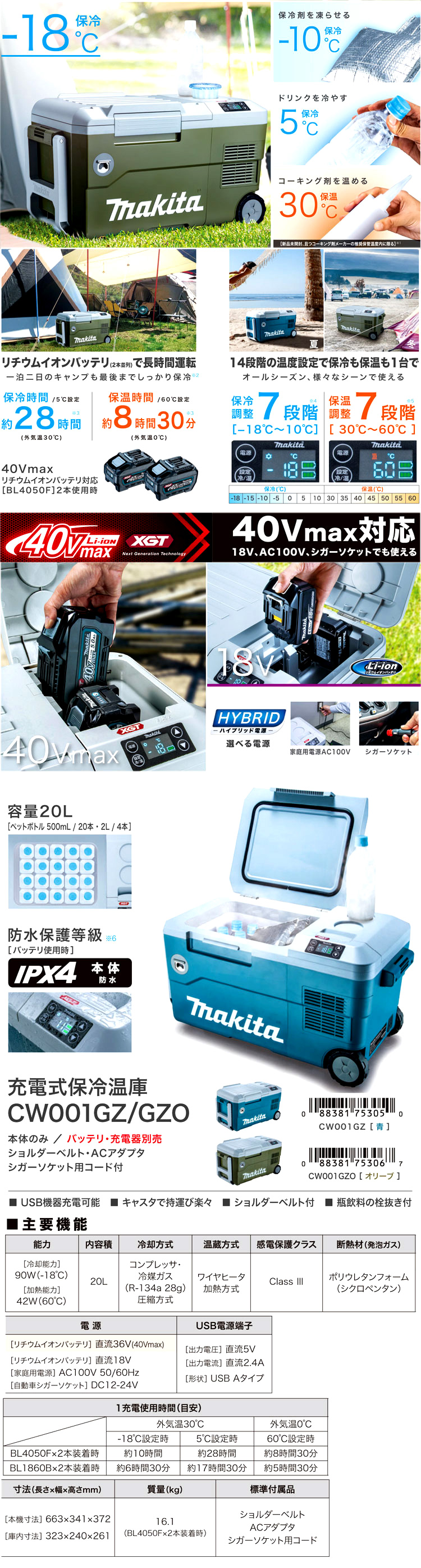 全国総量無料で マキタ makita 充電式保冷温庫 CW001GZO オリーブ 40Vmax対応 18V AC100V シガーソケットでも使える  容量20L 防水保護投球IPX4 本体のみバッテリ 充電器別売