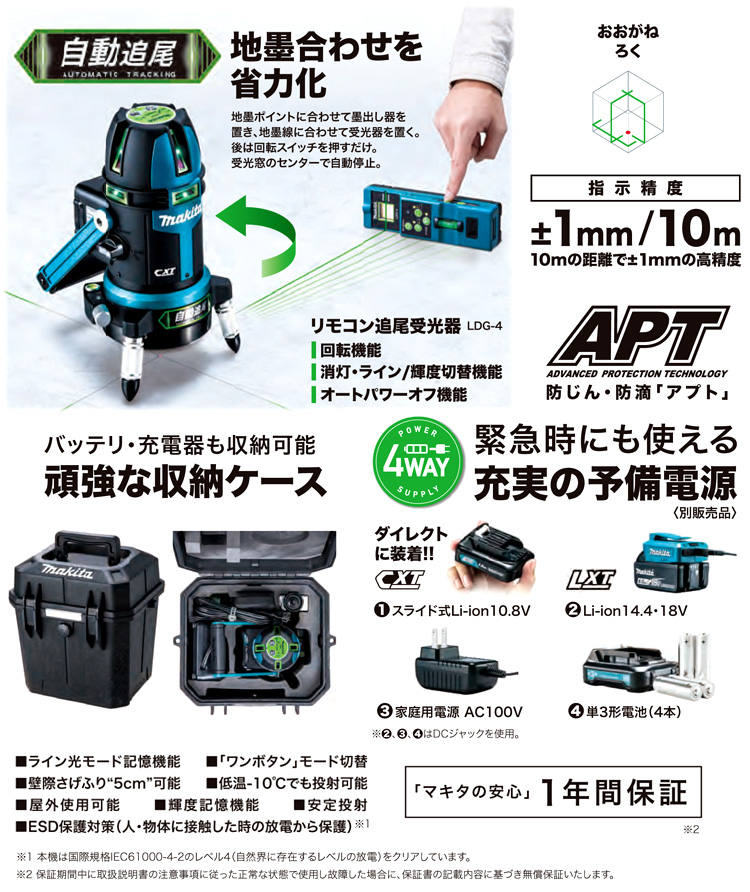 〔自動追尾・超高輝度ダイレクトグリーンレーザー〕10.8V充電式屋内・屋外兼用墨出し器