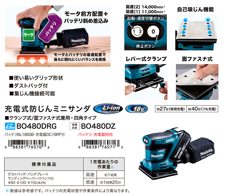 18V【6.0Ah電池付】充電式防じんミニサンダ