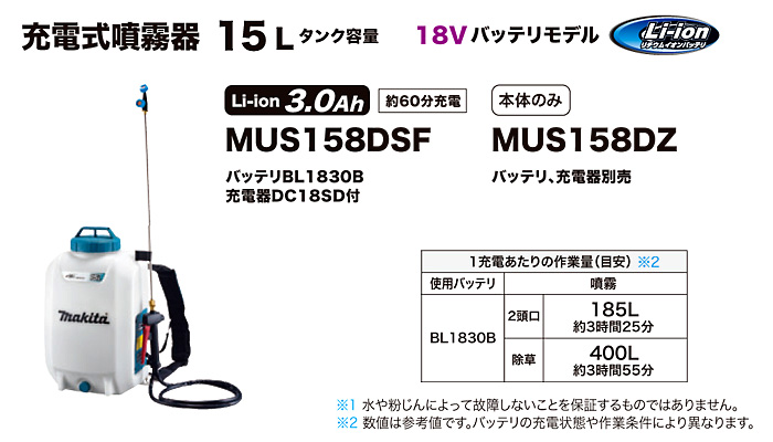 祝日 風ノ屋壱号店マキタ 18V 充電式噴霧器 15L バッテリー 充電器付き MUS158DSF