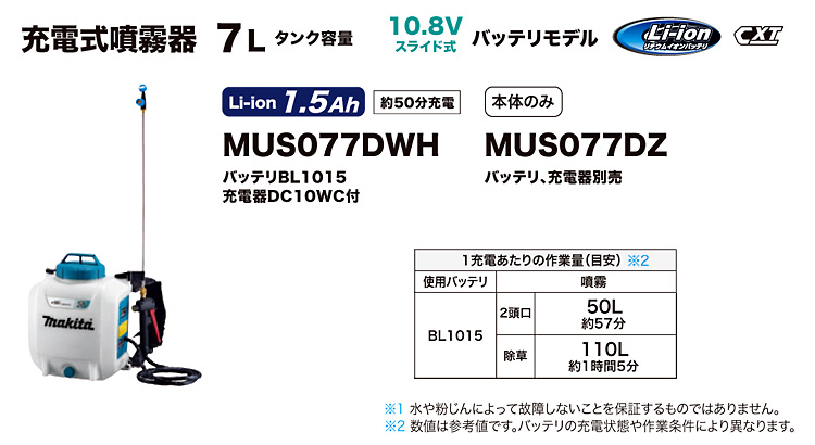 マキタ 10.8V充電式噴霧器タンク容量7L MUS077DZ / 噴霧機 / 充電 工具