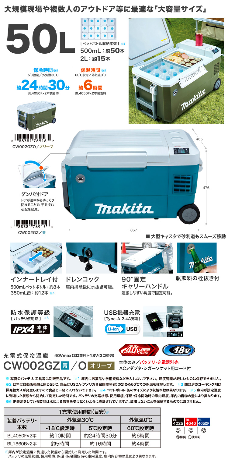 マキタ 〔50リットル〕40Vmax・18V対応充電式保冷温庫 CW002GZO / 保冷温庫 / 充電 工具 | 電動工具の道具道楽