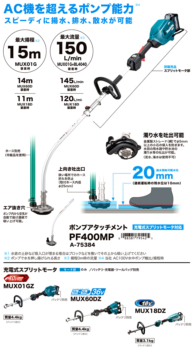 激安卸販売新品 マキタ Makita ポンプアタッチメント PF400MP A-75384 充電式スプリットモータ MUX01G MUX60D  MUX18D 対応 農業 土木現場での揚水 排水 散水に